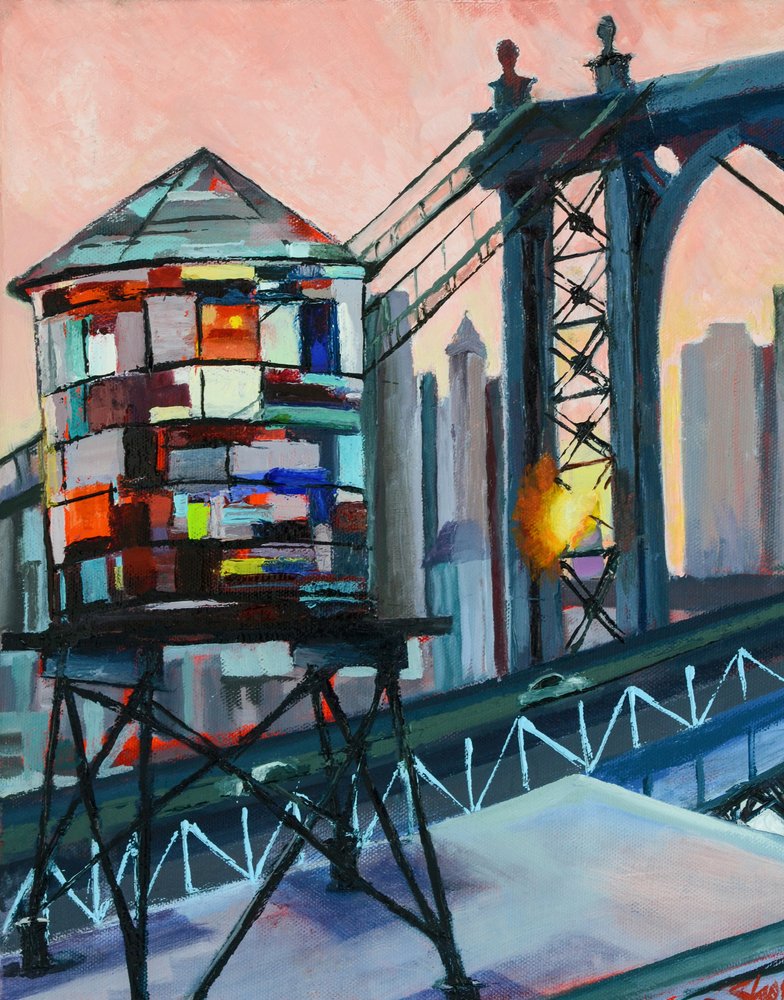 Zachód słońca nad wieżą ciśnień przy moście Manhattan Bridge autorstwa Maxine Shore