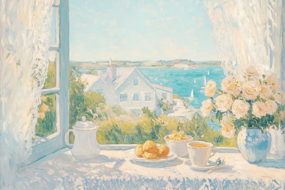 Widok na śniadanie nad brzegiem morza autorstwa Melloi Art Prints