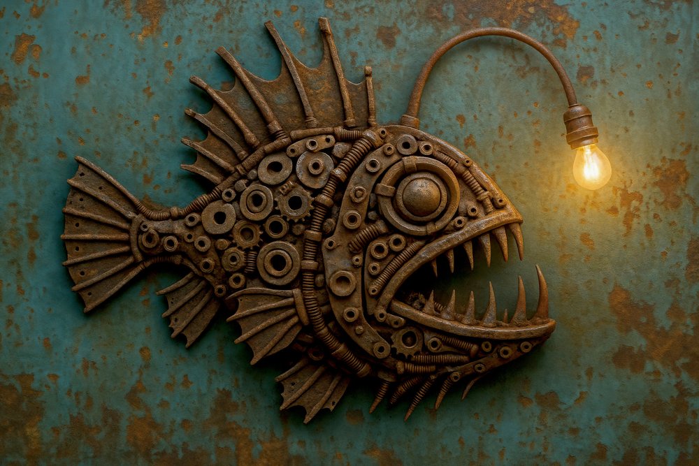 Lampa w stylu steampunkowym z motywem żabnicy autorstwa Natalie Bruns