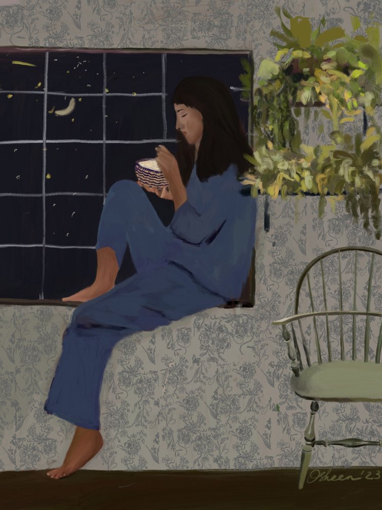 Posiłek przy oknie w świetle księżyca autorstwa Osheensgallery