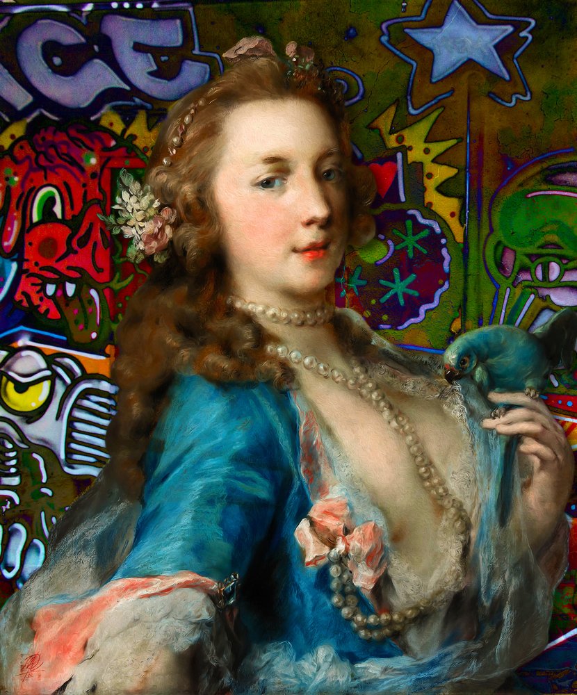 Graffiti przedstawiające damę w stylu rokokowym autorstwa Osvaldo Russo
