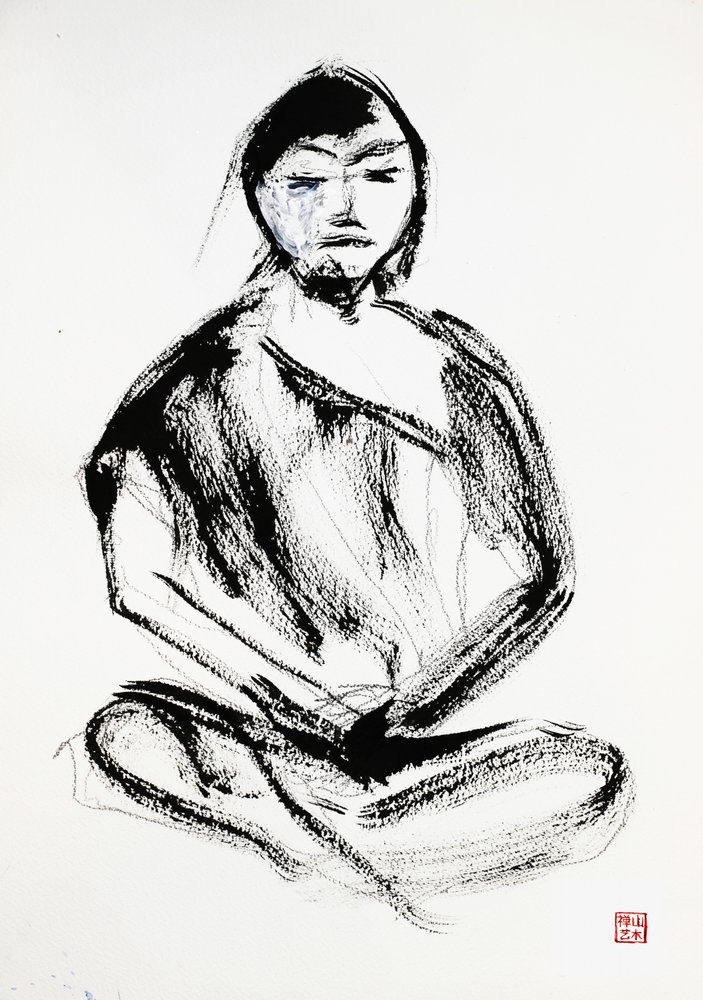 Rysunek tuszem przedstawiający medytującego w stylu zen autorstwa RodMacIver