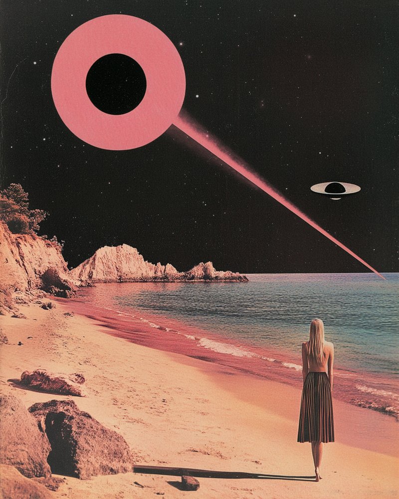 Różowa noc na plaży UFO autorstwa Samantha Hearn