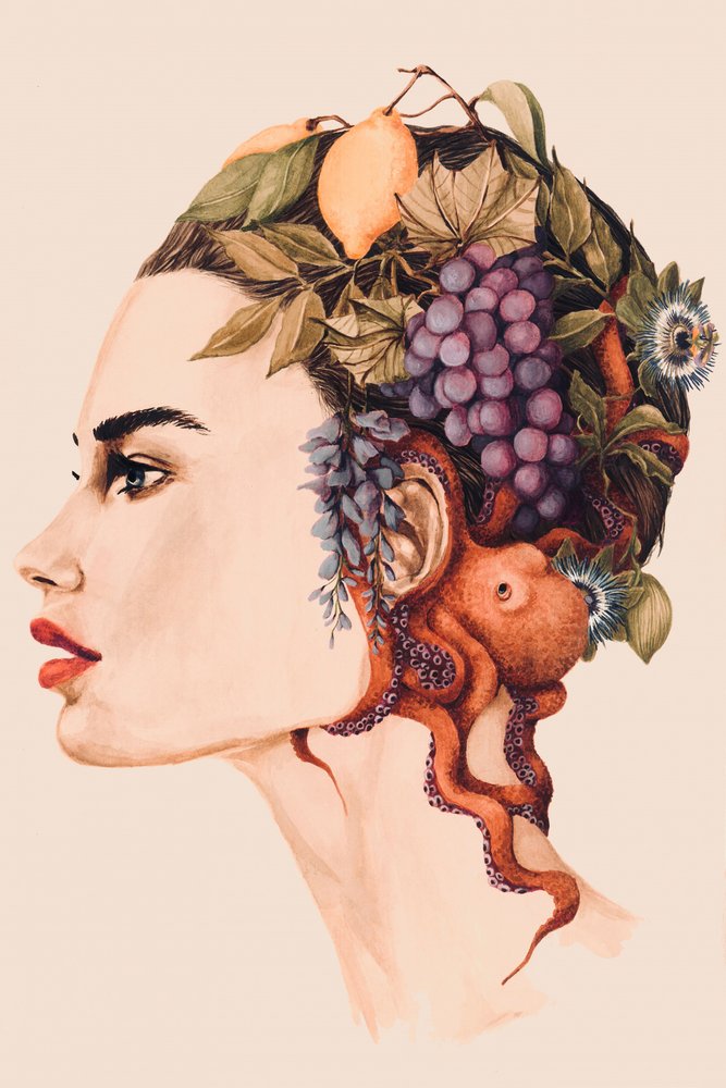 Surrealistyczny portret kobiety-ośmiornicy autorstwa Sophia Novosel