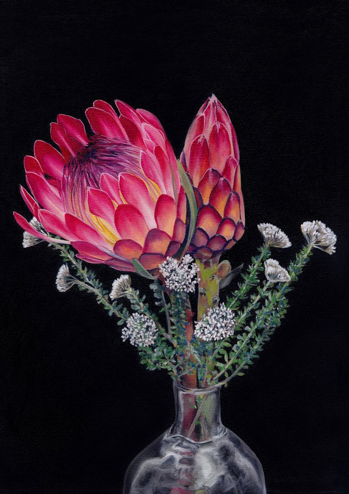„Protea i Blombos” autorstwa Viccy Wanliss autorstwa Viccy Wanliss