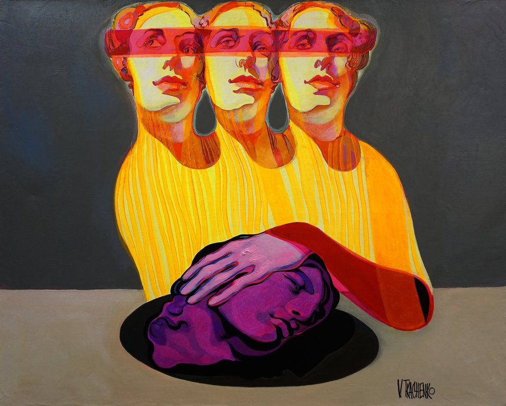 Surrealistyczne postacie z fioletowymi głowami autorstwa Victor Tkachenko