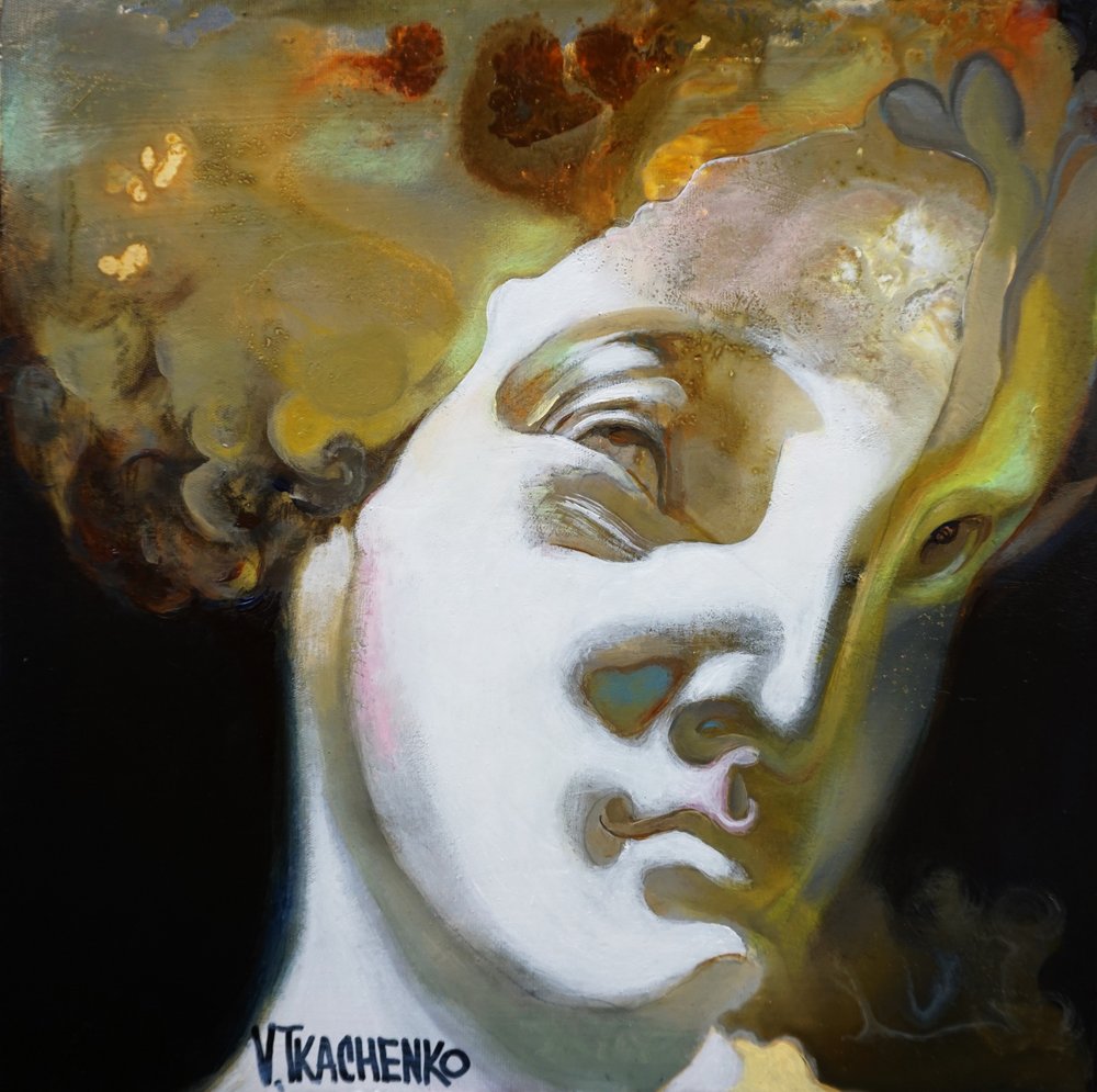Surrealistyczny złoty popiersie autorstwa Victor Tkachenko