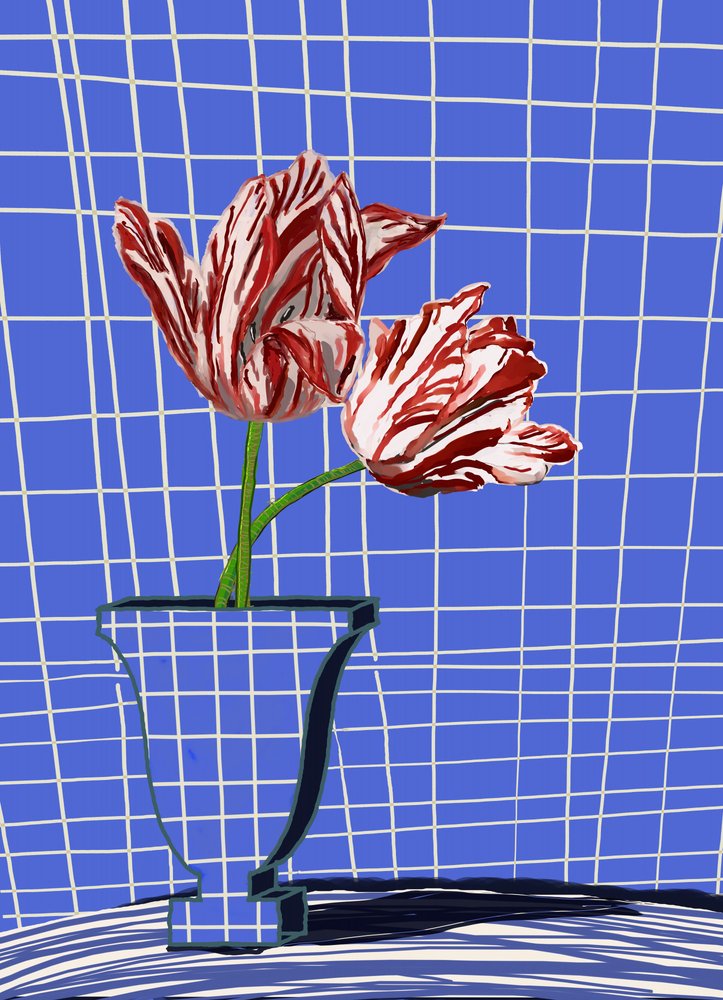 Czerwone tulipany, niebieska kratka autorstwa XHOZUCAN