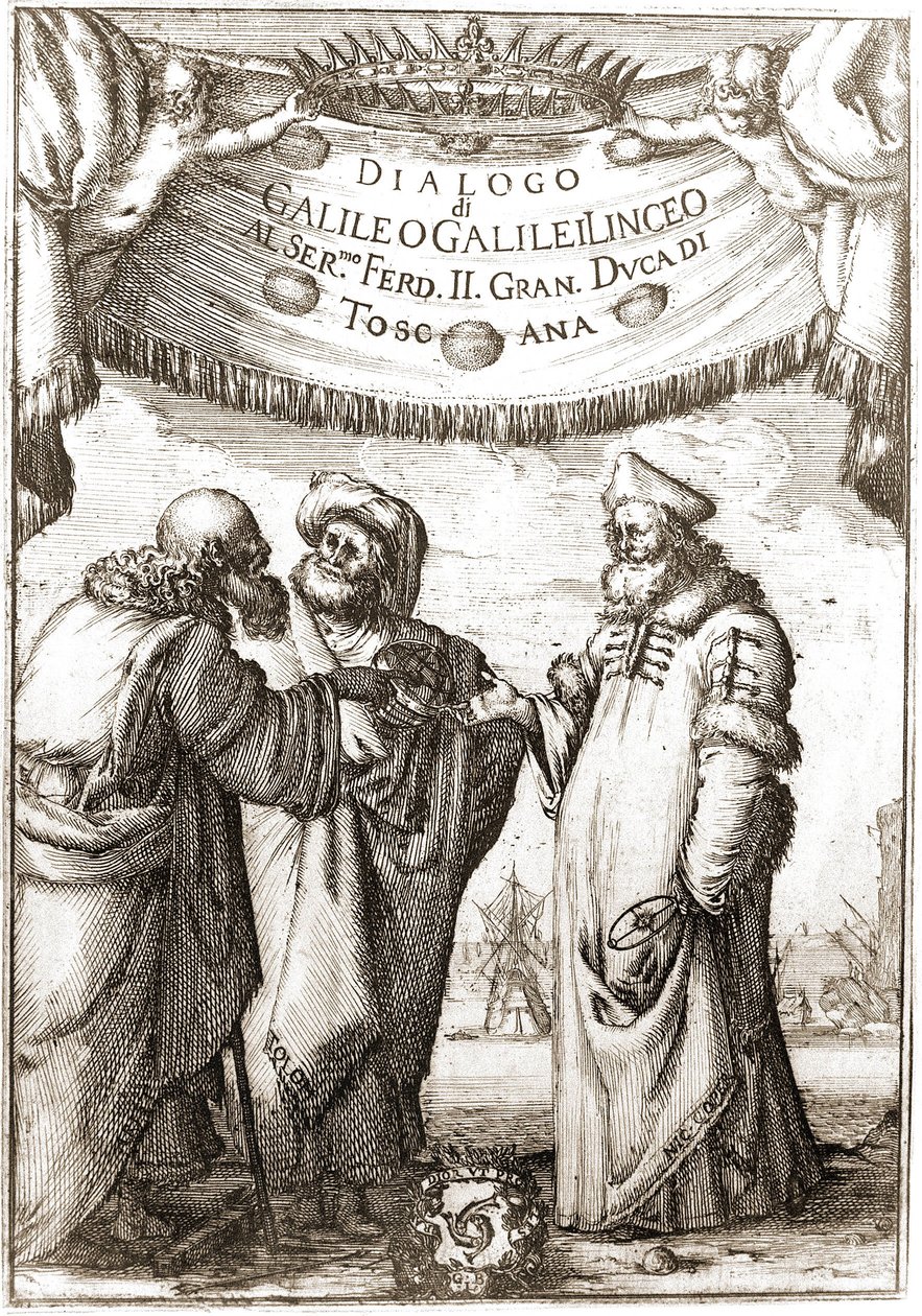 Arystoteles, Ptolemeusz i Mikołaj Kopernik (Nicolaus Copernicus, 1473-1543) (astronomowie) w rozmowie - w „Dialogu o dwóch największych systemach świata” de Galileo, Galilei linceo, al Ser. Mo F autorstwa Unknown