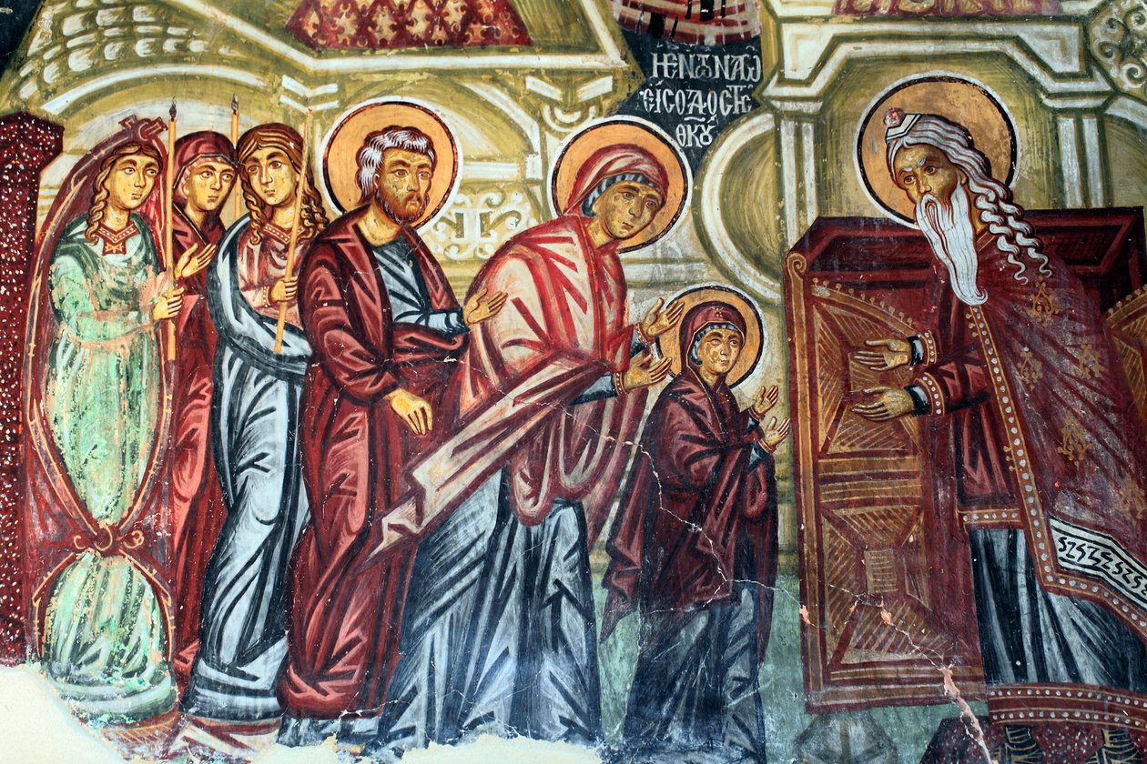 Bizantyjski fresk z XV wieku (detal) Przedstawienie Marii w świątyni Malowidło ścienne Kościół Michała Archanioła w Pedoulas Cypr Malowane kościoły UNESCO Troodos, Cypr autorstwa Unknown
