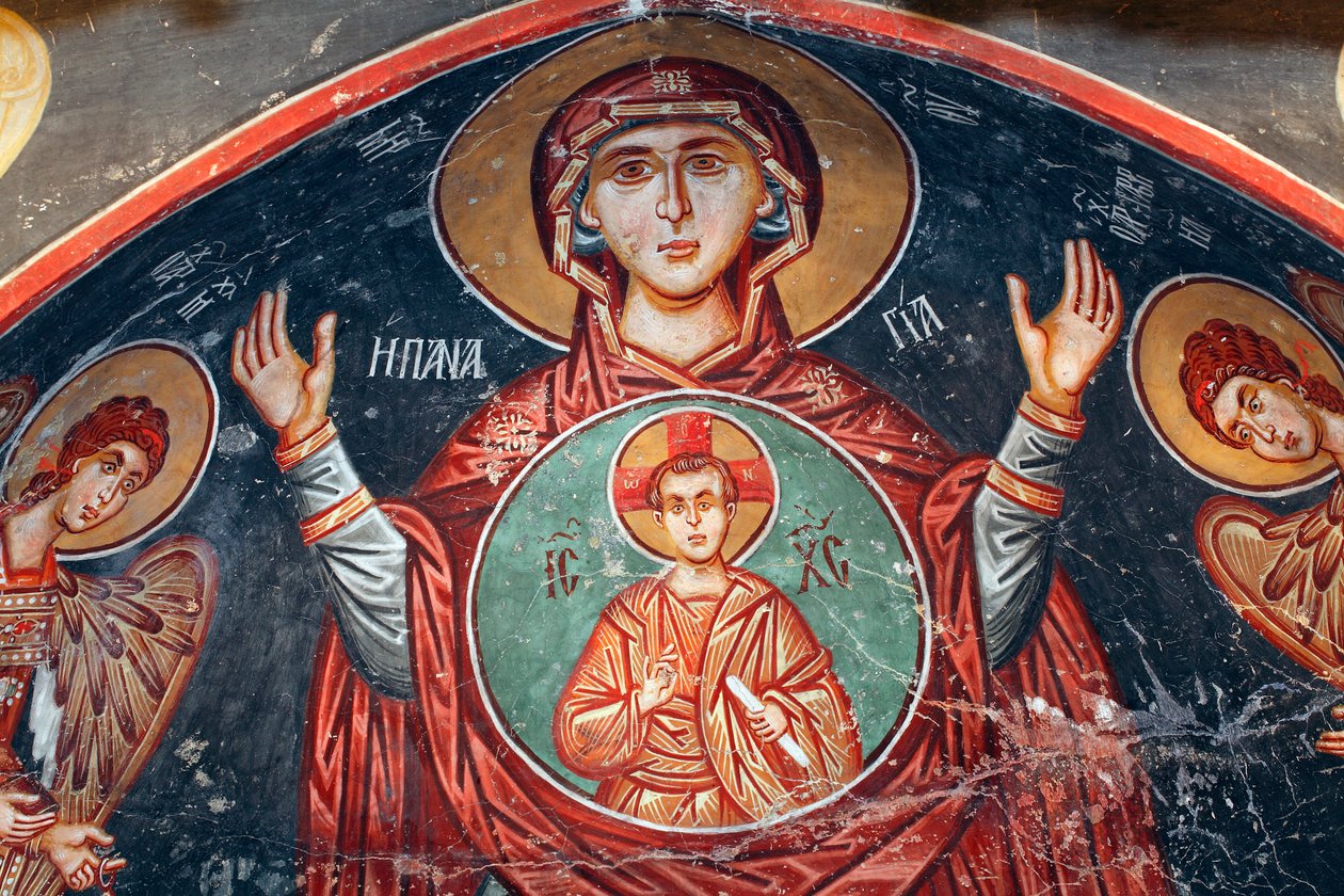 Bizantyjski fresk z XV wieku Malowidło ścienne Najświętszej Marii Panny Kościół Michała Archanioła w Pedoulas Cypr Malowane kościoły UNESCO Troodos, Cypr autorstwa Unknown