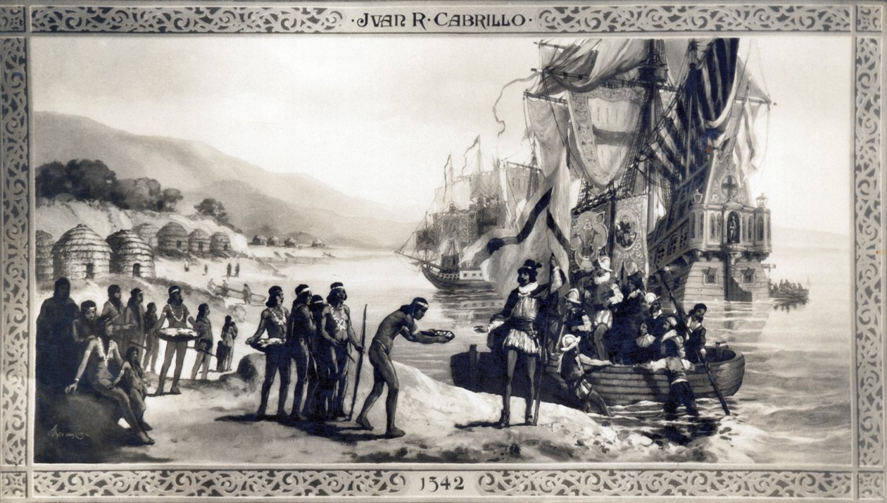 Kalifornia: 1542 Obraz przedstawiający Juana Rodrigueza Cabrillo spotykającego tubylców na wybrzeżu Kalifornii podczas jego ekspedycji. autorstwa Unknown