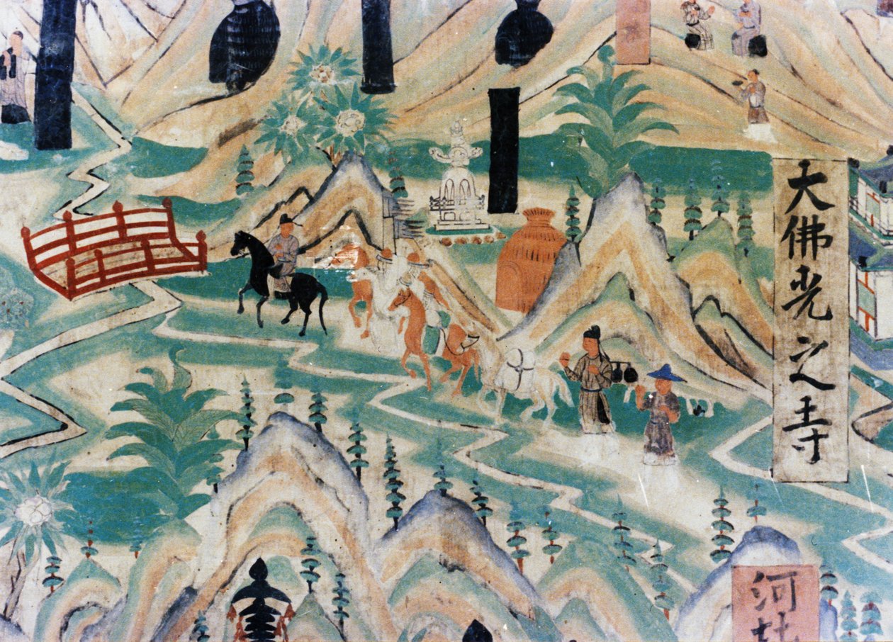 Szczegół mapy góry Wutai (Wutaishan), malowidła ściennego wykonanego w czasie pięciu dynastii (907 - 960) w grotach Dunhuang, przedstawiającego pielgrzymów podróżujących drogą autorstwa Unknown