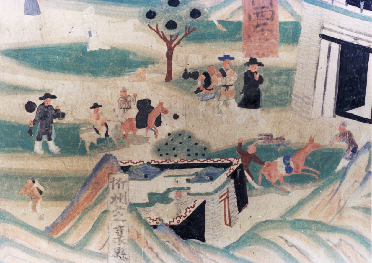 Szczegółowa mapa góry Wutai (Wutaishan), malowidło ścienne wykonane w czasie pięciu dynastii (907 - 960) w grotach Dunhuang, przedstawiające pielgrzymów przybywających na noc do gospody autorstwa Unknown