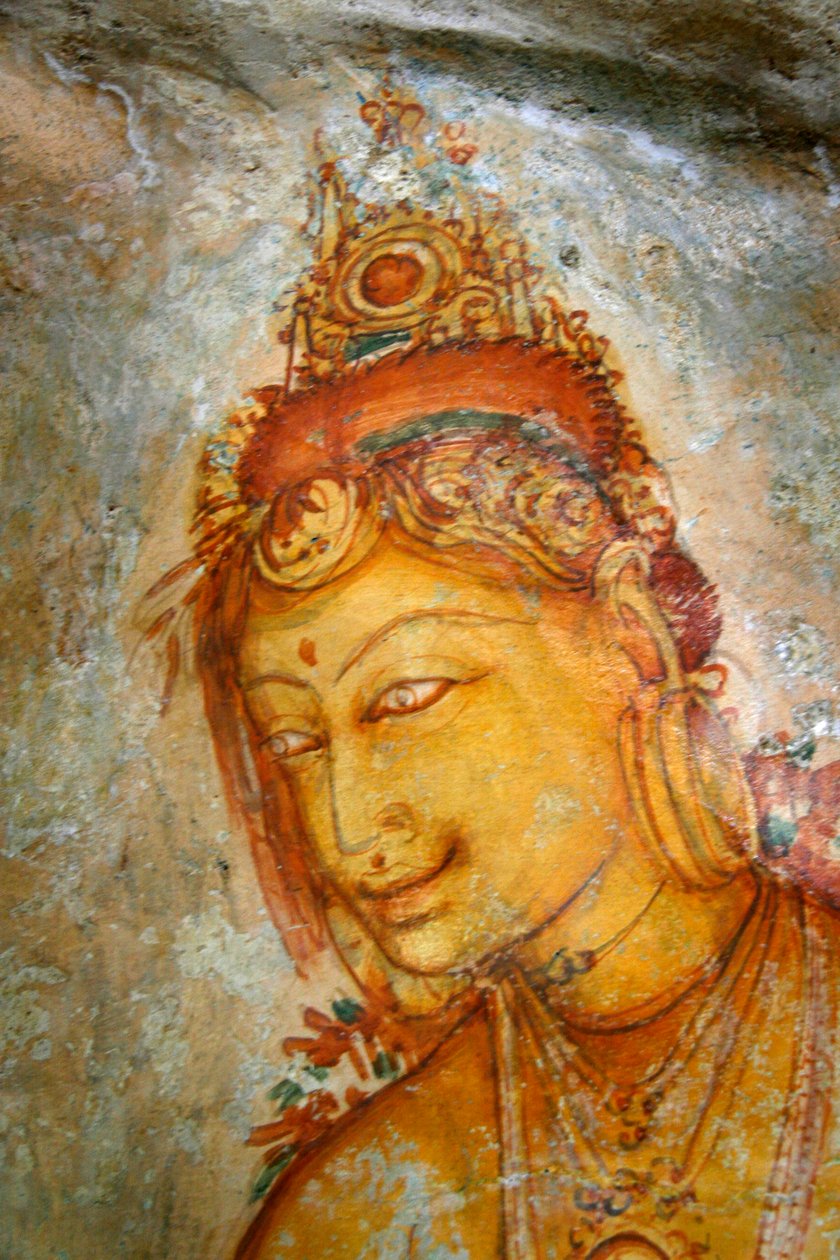 Fresk na ścianie skały Sigiriya, w dzielnicy Matale na Sri Lance. Ten 370-metrowy kopiec lawy starożytnego wulkanu słynie z ufortyfikowanego kompleksu pałacowego, wybudowanego za panowania króla Ka autorstwa Unknown