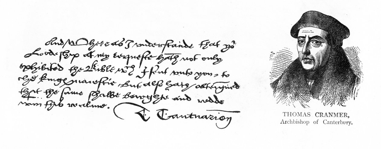 Pismo i podpis arcybiskupa Cranmera z listu do Thomasa Cromwella, dziękując mu za uzyskanie akceptacji Henryka VIII na angielskie tłumaczenie Biblii, 13 sierpnia 1537 (pióro i atrament autorstwa Unknown