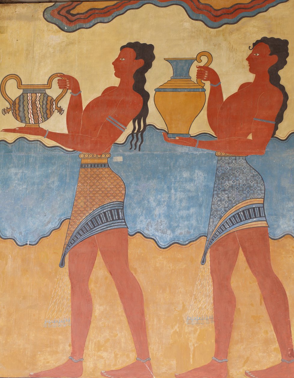 Stanowisko archeologiczne Minoen w Knossos. Sztuka minońska. Figury „fresku procesji”” z pałacu w Knossos. Wejście południowe. Kopia reliefowego malarstwa ściennego, którego kilka fragmentów odnaleziono. Cz autorstwa Unknown