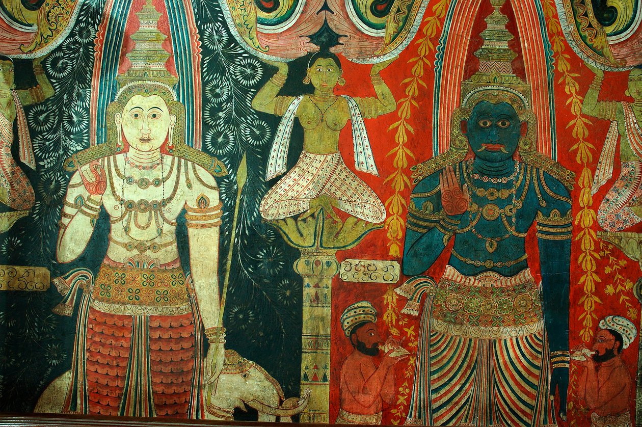 Mural na ścianach świątyni Kelaniya w Kelaniya Vihara, jednym z najświętszych miejsc buddyjskich, około sześciu mil od stolicy Sri Lanki Kolombo. 7 stycznia 2010 r. autorstwa Unknown