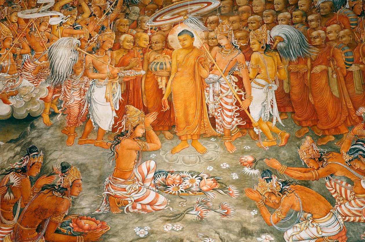 Mural na ścianach świątyni Kelaniya w Kelaniya Vihara, jednym z najświętszych miejsc buddyjskich, około sześciu mil od stolicy Sri Lanki Kolombo. 7 stycznia 2010 r. autorstwa Unknown