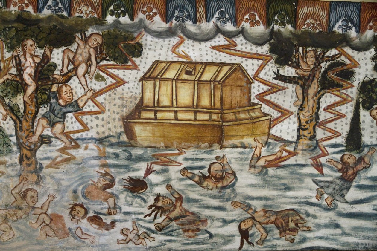 Arka Noego i potop Ilustrowane barokowo-metyskimi freskami datowanymi na XVII wiek w baptysterium Santiago de Curahuara De Carangas, Kaplicy Sykstyńskiej w Andach, Curahuara De autorstwa Unknown