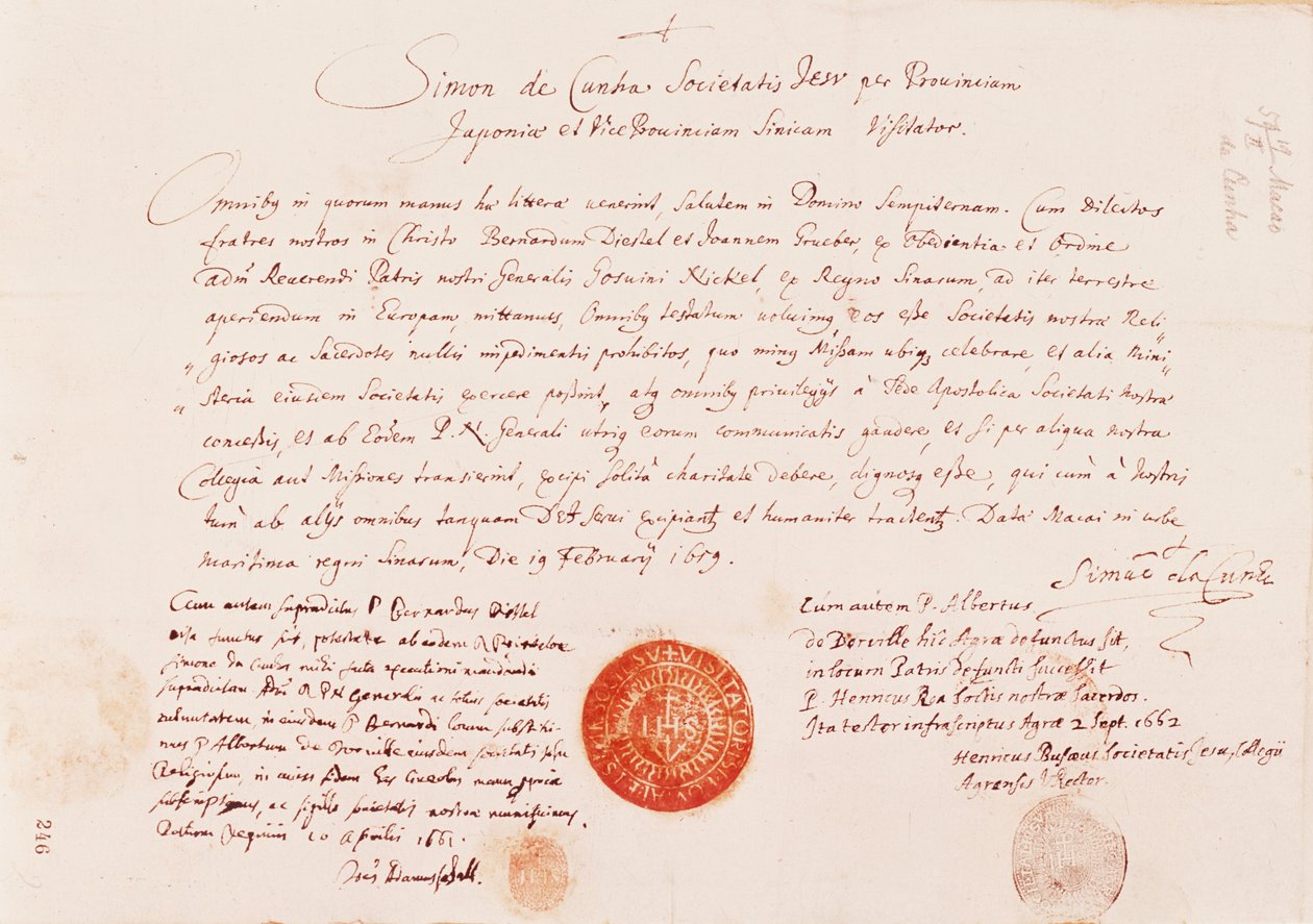 Paszport wydany Johannowi Grueberowi i Bernhardowi Diestelowi w celu znalezienia drogi lądowej z Europy do Pekinu, 1616 autorstwa Unknown