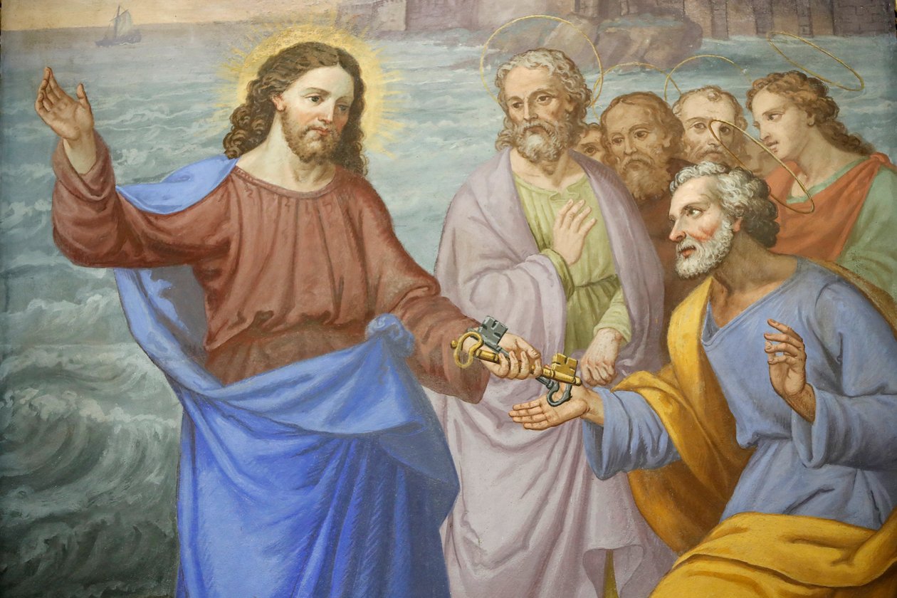 Kościół Saint-Grat, Malarstwo, Chrystus wręczający klucze św. Piotrowi, Valgrisenche, Włochy autorstwa Unknown
