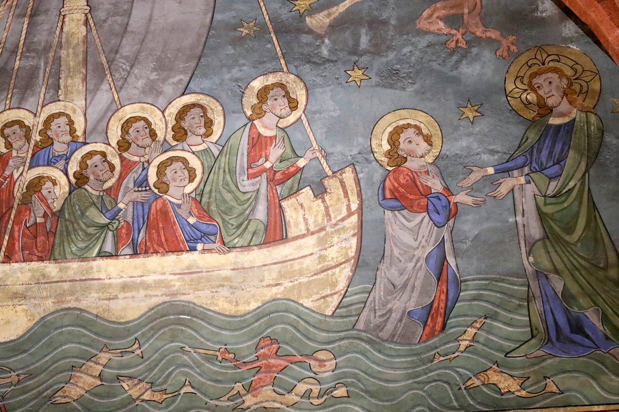 Kościół protestancki Saint-Pierre-le-Jeune, Jezioro Tyberiadzkie, Chrystus chodzący po wodzie i św. Piotr, fresk, Strasburg, Francja. autorstwa Unknown