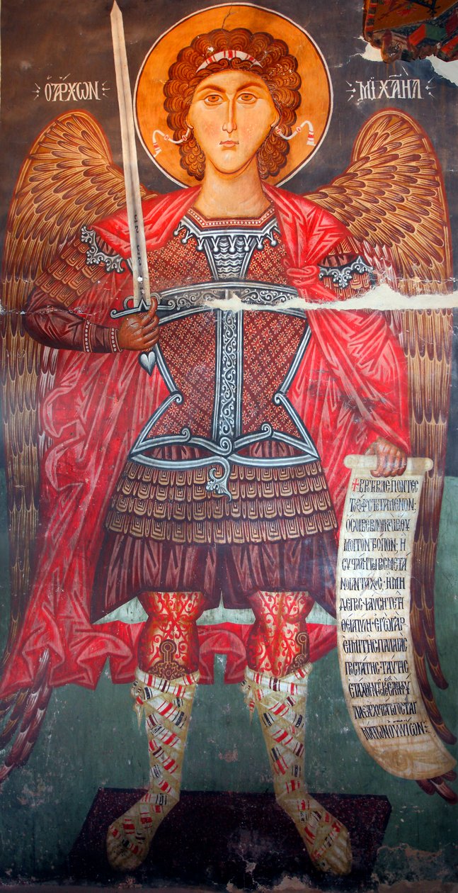 Bizantyjski fresk z XV wieku (detal) Michał Archanioł Malowidło ścienne Kościół Michała Archanioła w Pedoulas Cypr Malowane kościoły UNESCO Troodos, Cypr autorstwa Unknown