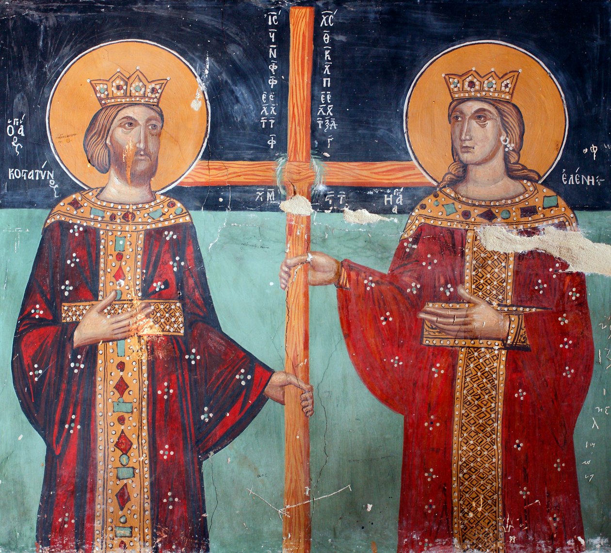 Bizantyjski fresk z XV wieku Cesarz Konstantyn i jego matka Helene Malarstwo ścienne Kaplica Michała Archanioła, wioska Galata Cypr Malowane kościoły UNESCO Troodos, Cypr autorstwa Unknown