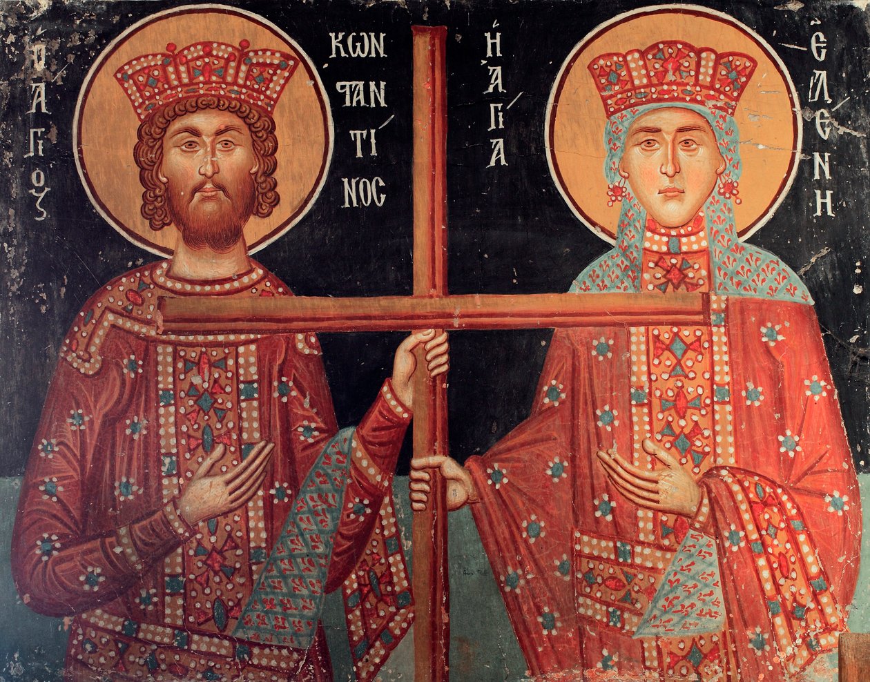 Bizantyjski fresk z XV wieku Cesarz Konstantyn i jego matka Helene Malowidło ścienne Kościół Michała Archanioła w Pedoulas Cypr Malowane kościoły UNESCO Troodos, Cypr autorstwa Unknown