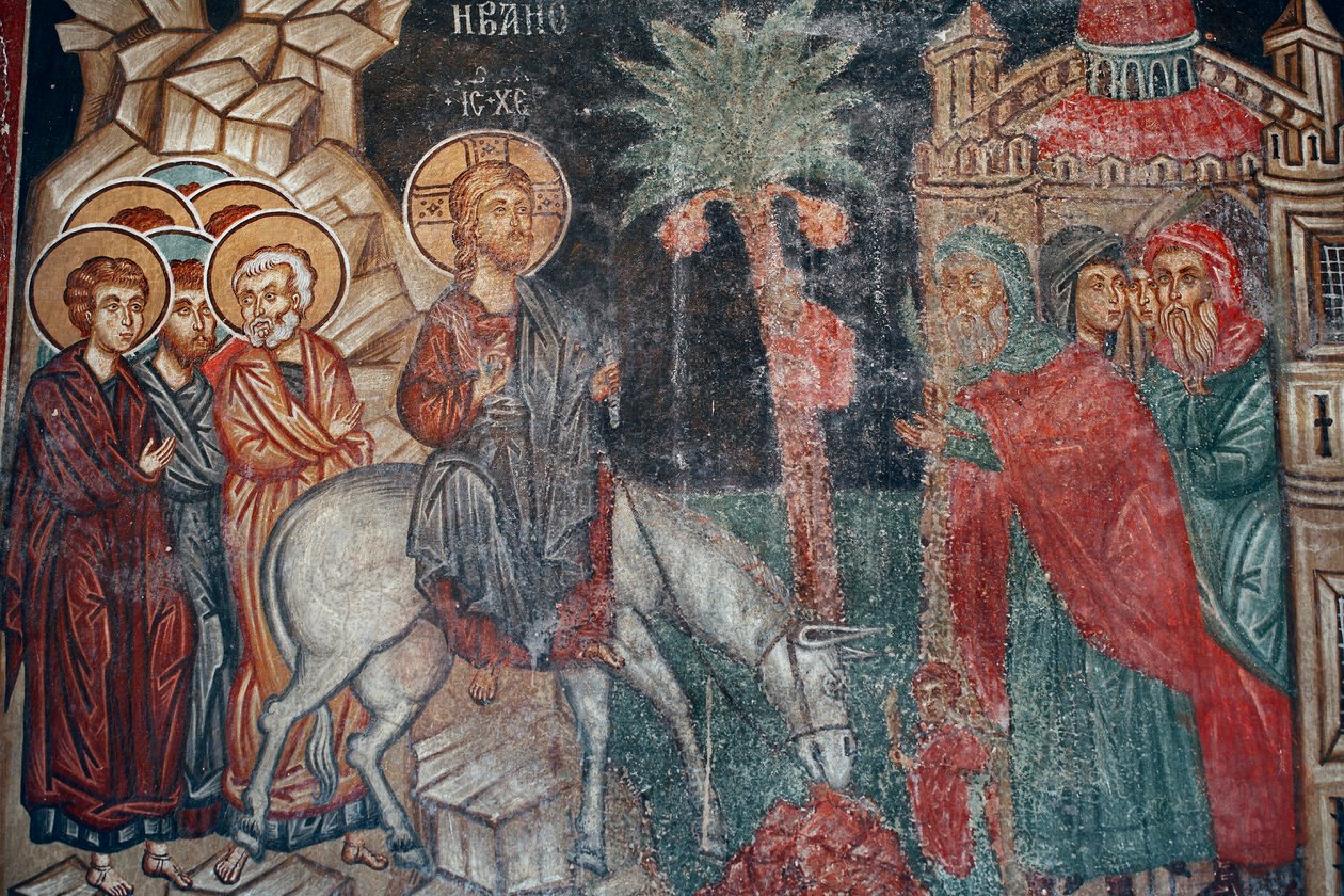 Fresk bizantyjski z XV wieku Wjazd do Jerozolimy Malowidło ścienne Kościół Michała Archanioła w Pedoulas Cypr Malowane kościoły UNESCO Troodos, Cypr autorstwa Unknown