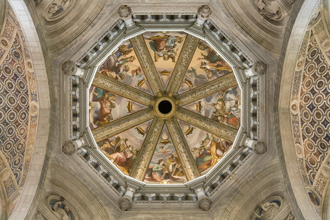 Widok na sklepienie nawy głównej z freskiem, Certosa di Pavia, Lombardia, Włochy autorstwa Unknown