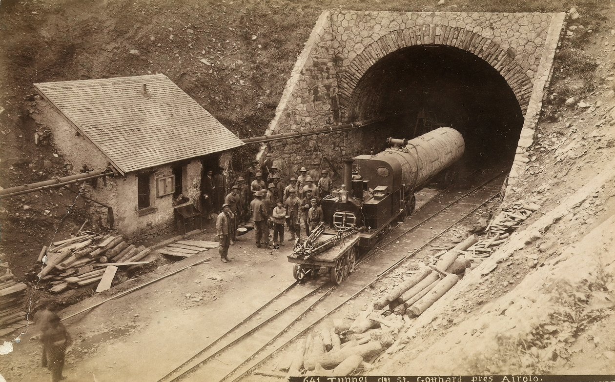 Robotnicy podczas budowy tunelu kolejowego Gottharda, Szwajcaria, ok.1880 autorstwa Unknown