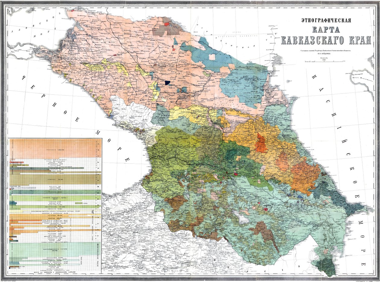 Mapa etnograficzna regionu Kaukazu, 1880 autorstwa Николай Карлович Зейдлиц