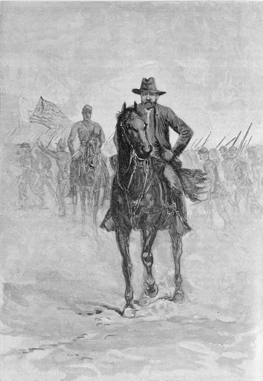 Generał Grant rozpoznający stanowisko konfederatów w gmachu sądu Spotsylvania, ryty przez C.H. Reed, ilustracja z „Battles and Leaders of the Civil War”, pod redakcją Roberta Underwooda Johnsona autorstwa American School