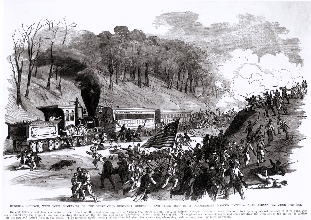 Generał Schenck z czterema kompaniami Pierwszego Pułku Ohio, zaskoczony i ostrzelany przez konfederacką zamaskowaną baterię, niedaleko Wiednia, VA, 17 czerwca 1861 r., z "Frank Leslie
