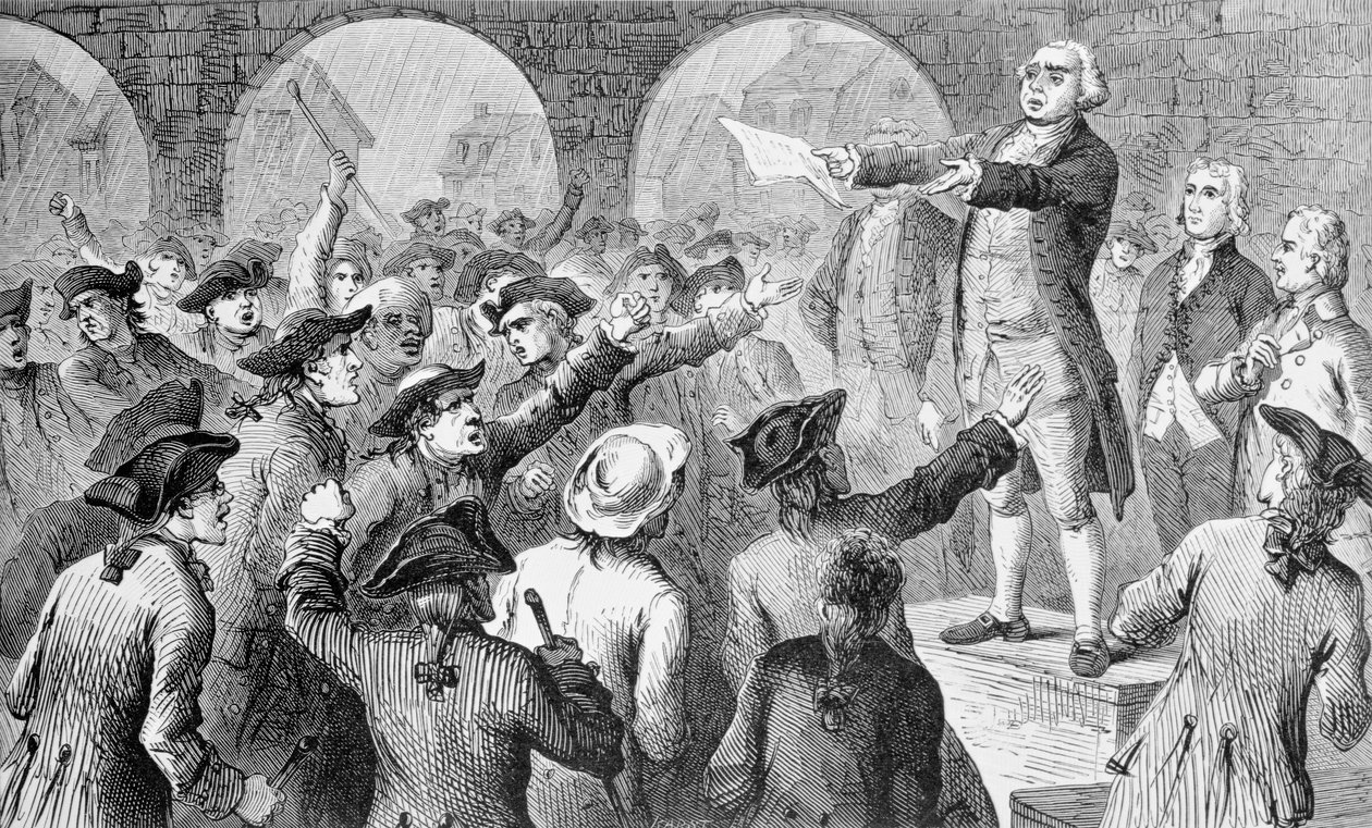 John Lamb przemawiający na spotkaniu Synów Wolności w nowojorskim ratuszu w sprawie wyładunku brytyjskiej herbaty w Nowym Jorku, 17 grudnia 1773 r., rycina Johna Karsta (1836-1922) (zdjęcie bundw) autorstwa American School