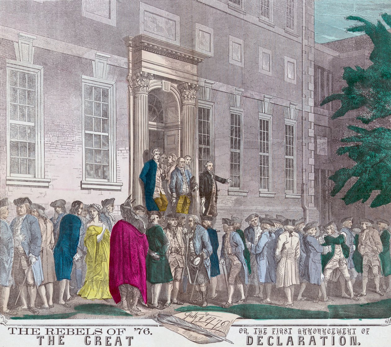4 lipca 1776 roku, członkowie Drugiego Kongresu Kontynentalnego opuszczają Filadelfijską Halę Niepodległości po przyjęciu Deklaracji Niepodległości od Wielkiej Brytanii, z XIX-wiecznej odbitki (kol. autorstwa American School