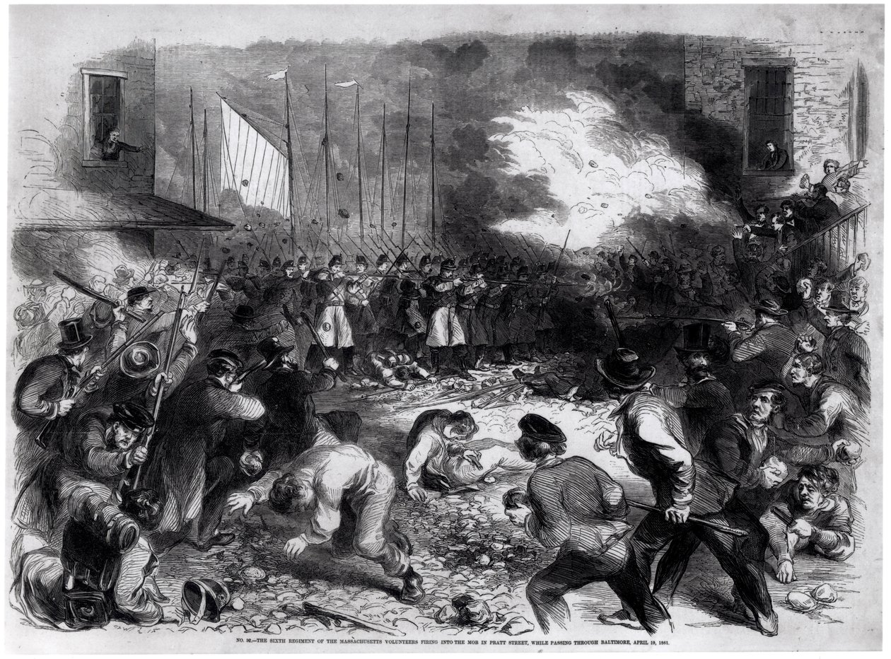 Szósty pułk ochotników z Massachusetts strzelający do motłochu na Pratt Street podczas przejazdu przez Baltimore en Route do Waszyngtonu, 19 kwietnia 1861 r., z „Ilustrowanej wiadomości Franka Lesliego” autorstwa American School