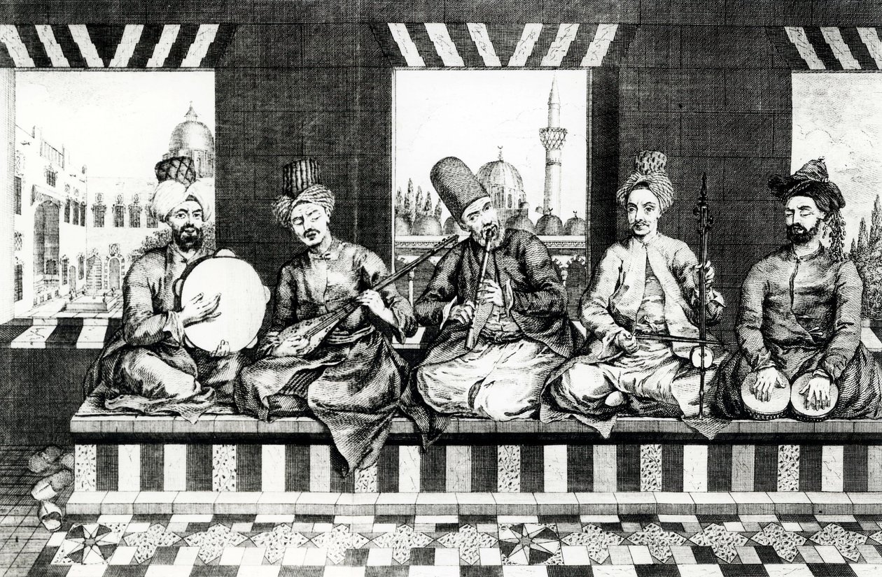 Grupa muzyków orientalnych (rycina) (fot. bw) autorstwa English School