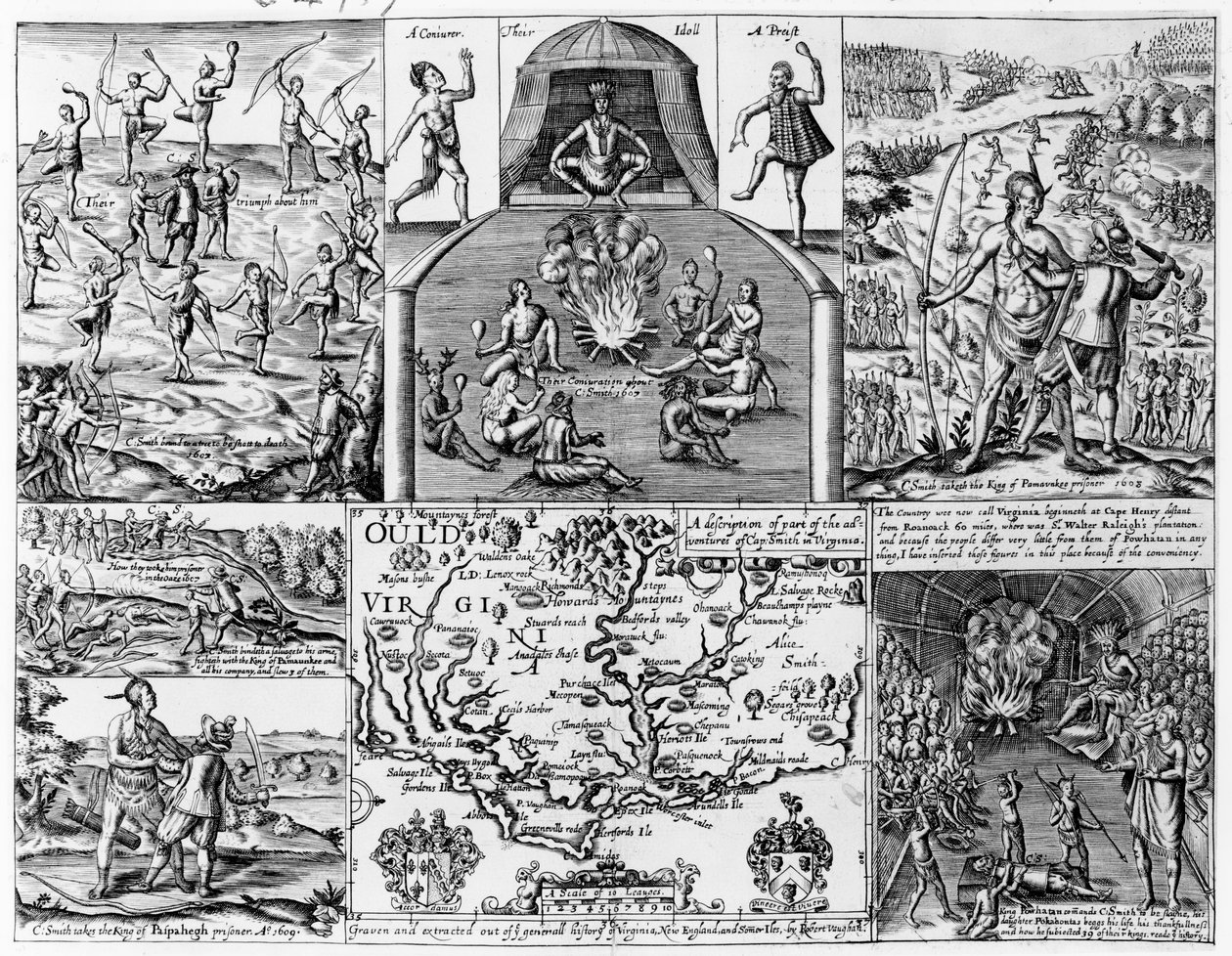 - Opis części przygód Capa. Smith w Wirginii”, ilustracja z „Ogólnej historii Wirginii, Nowej Anglii i Wysp Letnich” autorstwa Smitha, grawerowana przez Roberta Vaughana (fl.1622-7 autorstwa English School