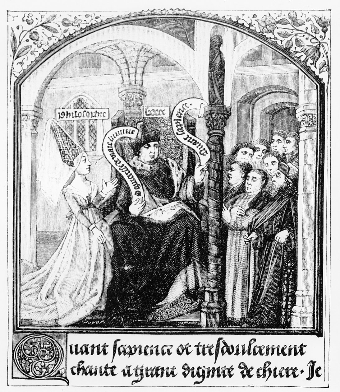Boecjusz (480-524) zasięga rady Dame Philosophy, miniatura z „De Consolatione da Philosophiae”, przekład Jeana de Meunga, ilustracja z „Science and Literature of the Middle Ages and the autorstwa English School