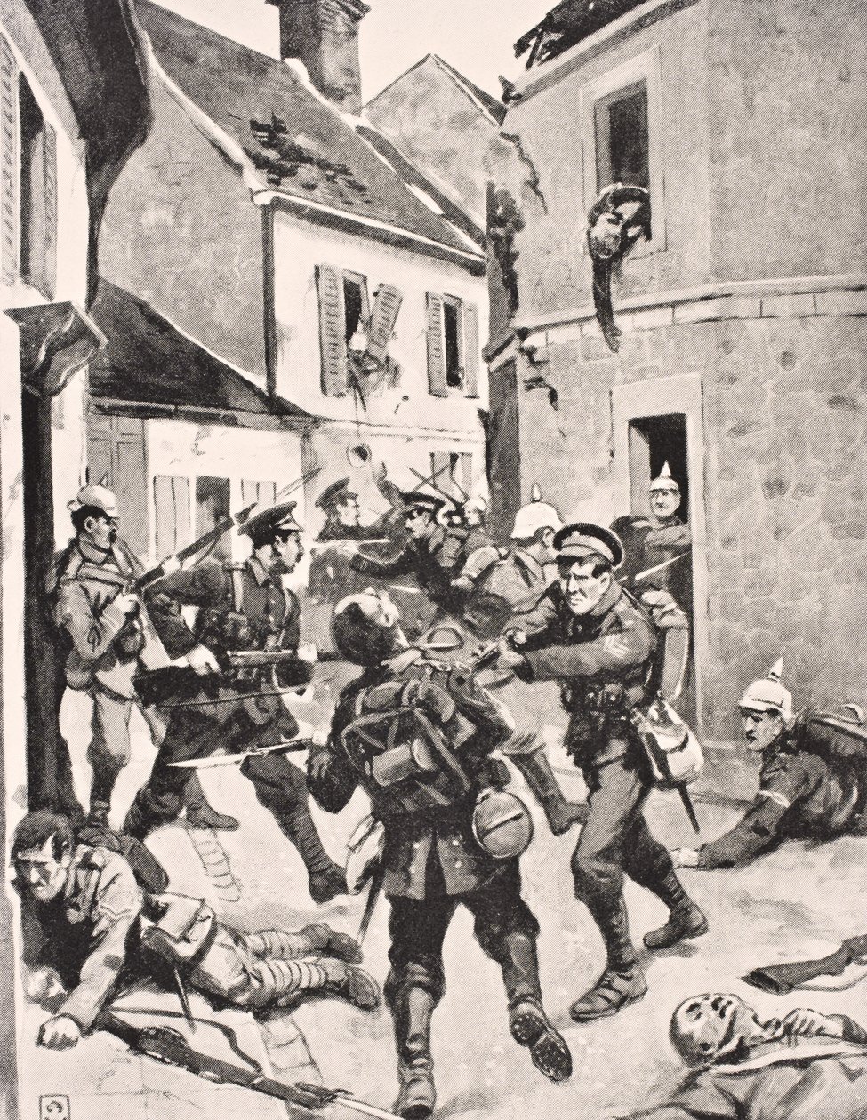 Brytyjscy i niemieccy żołnierze walczą wręcz podczas szturmu na Loos we Francji 25 września 1915, z „The War Illustrated Album deLuxe” wydanej w Londynie, 1916 (lito) autorstwa English School