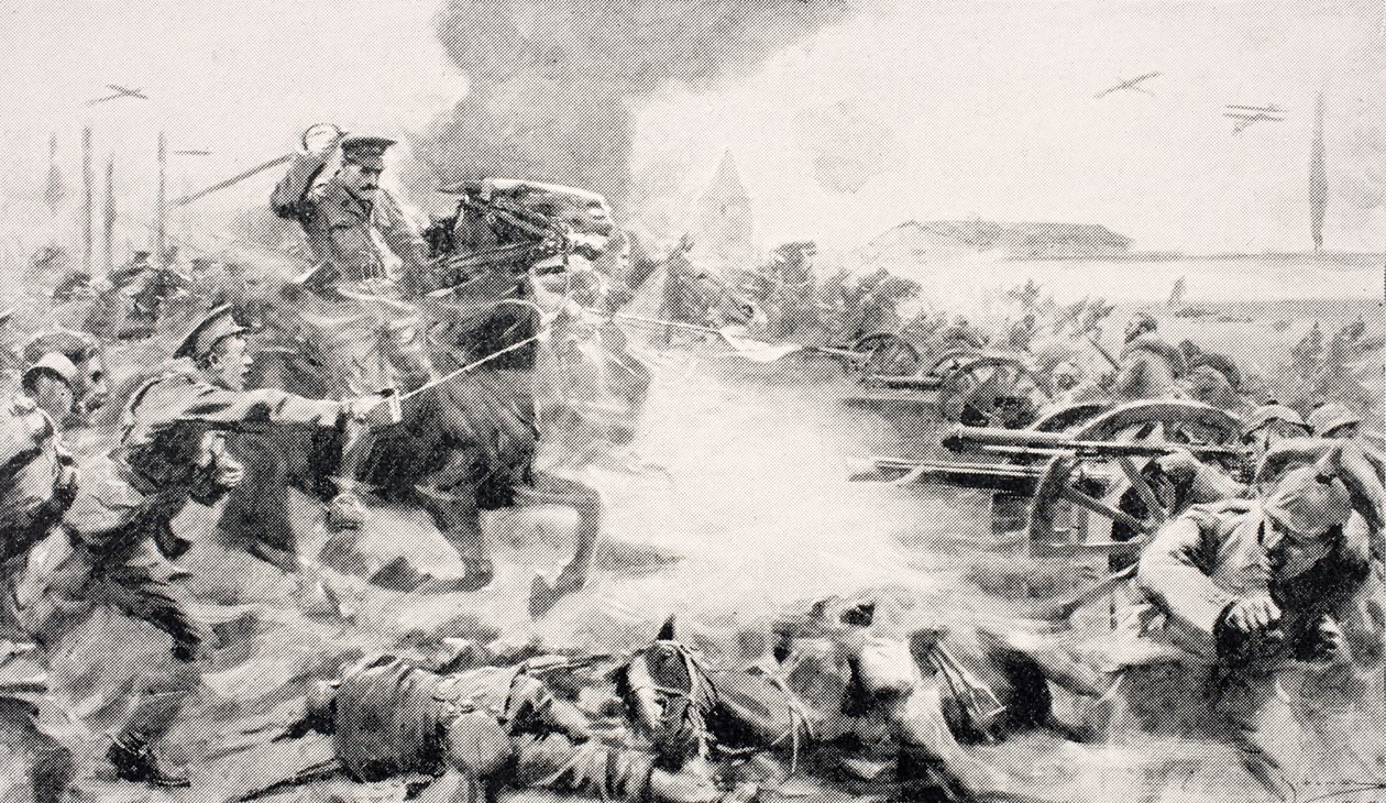 Kapitan F.O. Grenfell, VC, dowodzący szarżą 9. Lancerów w celu odzyskania przechwyconych dział w pobliżu Doubon, 24 sierpnia 1914, z „The War Illustrated Album de Luxe”, opublikowanej w Londynie, 1916 autorstwa English School