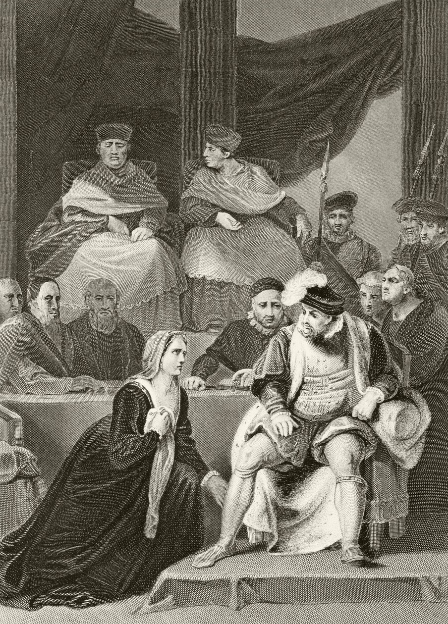 Katarzyna Aragońska klęcząca przed swoim mężem, królem Henrykiem VIII podczas procesu ich małżeństwa, z „The National and Domestic History of England” Williama Hickmana Smitha Aubreya (1858-1916) publ. autorstwa English School