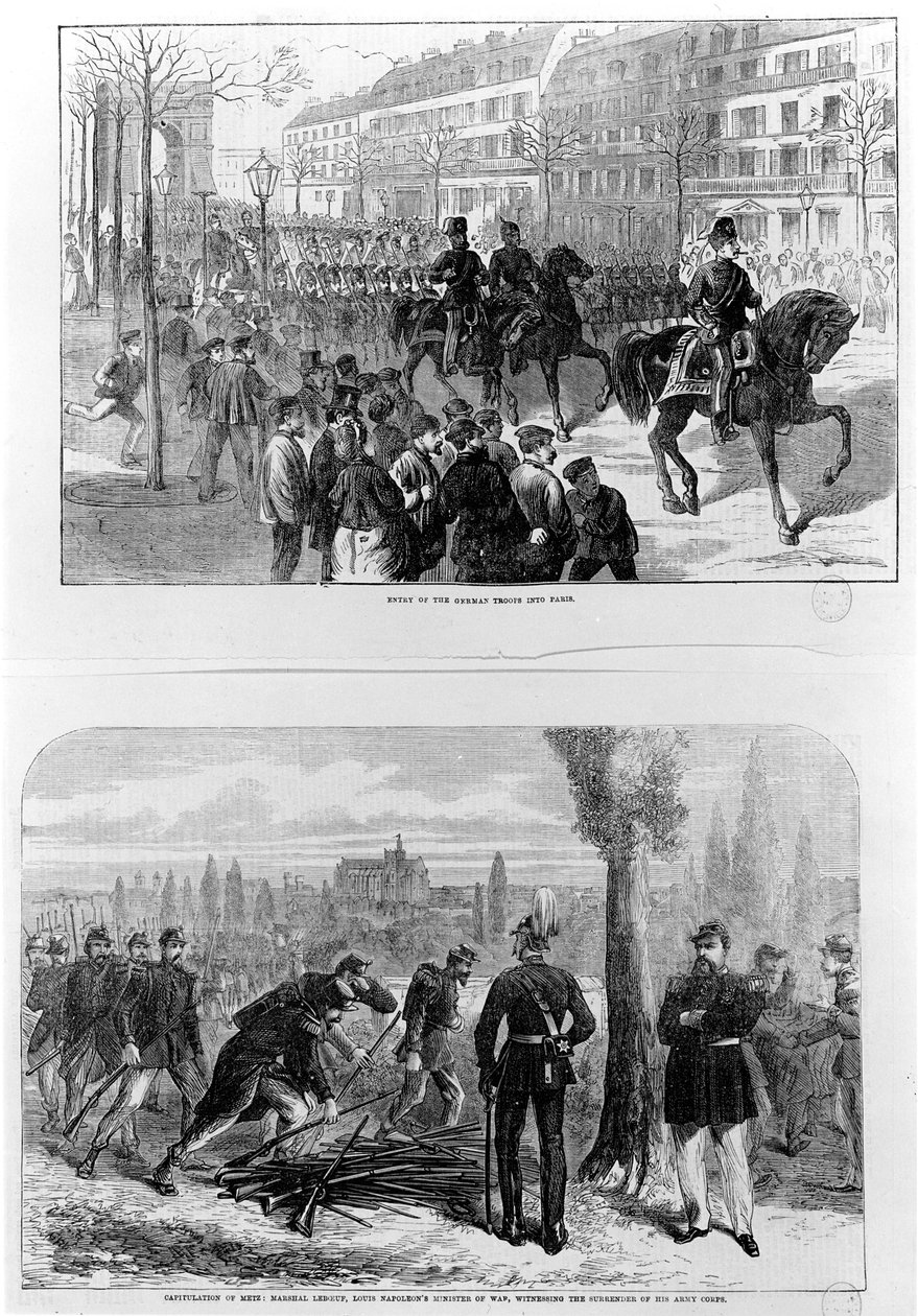 Wkroczenie wojsk niemieckich do Paryża, 2 marca 1871; Kapitulacja Metzu, 27 października 1870, marszałek Leboeuf, minister wojny Ludwika Napoleona, świadek kapitulacji swojego korpusu wojskowego (ryc. autorstwa English School