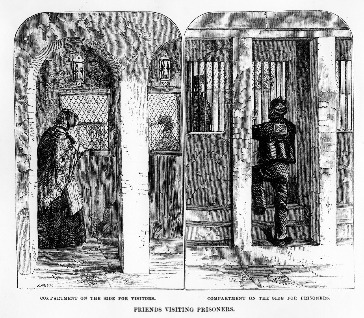 Friends visit Prisoners at the House of Correction, Coldbath Fields, grafika J. Palmera, ilustracja z „The Criminal Prisons of London and Scenes of London Life” autorstwa Henry