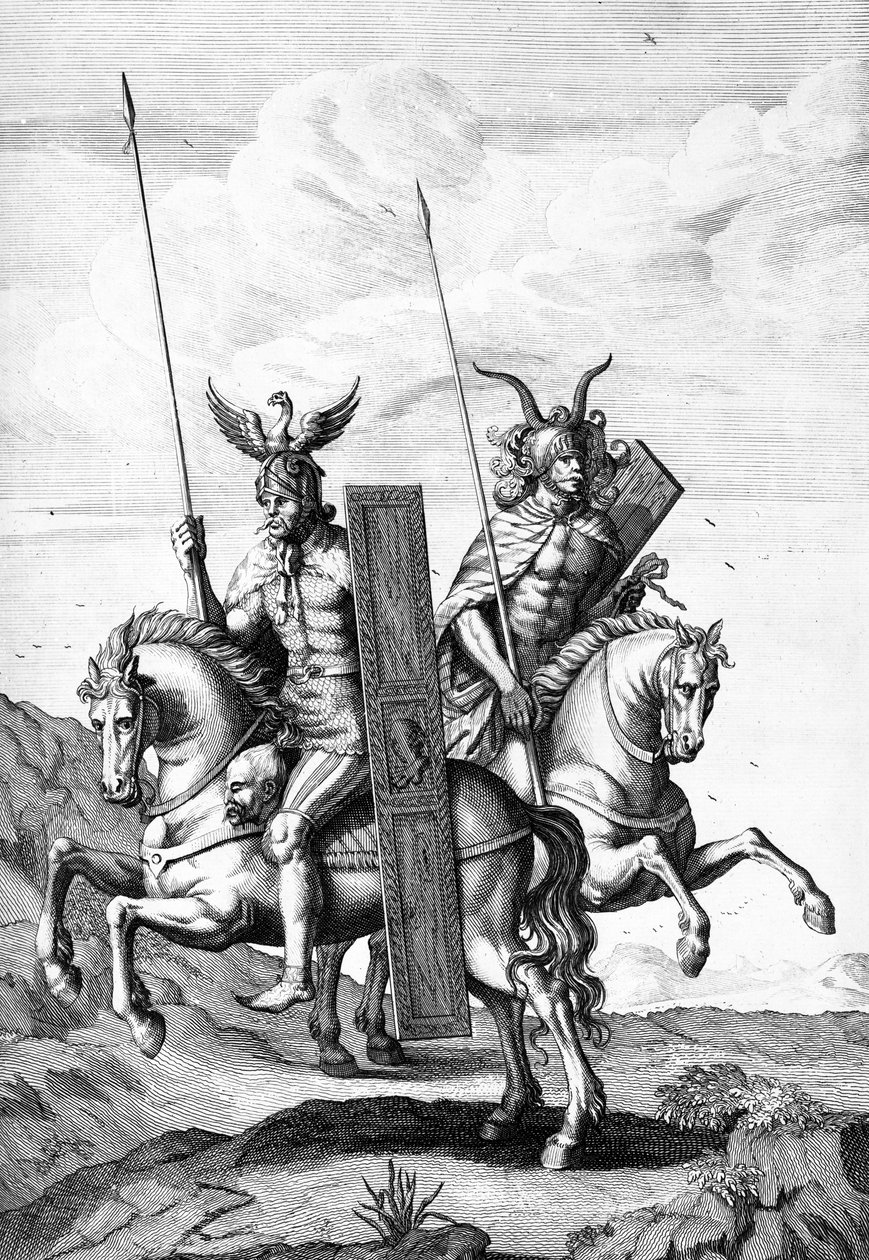 Niemieccy żołnierze z hełmami, tarczami i lancami, rytowane przez Cornelisa Huybertsa, ilustracja do „Komentarzy Cezara” w tłumaczeniu na język angielski przez Williama Duncana, wydana w 1753 r. autorstwa English School