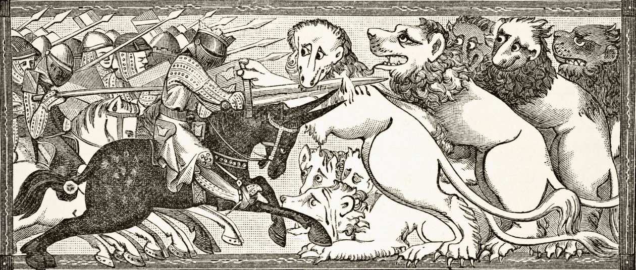Jak Aleksander walczył z białymi lwami wielkimi jak byki, według miniatury z XIII-wiecznego manuskryptu, z "Science and Literature in Middle Ages", Paul Lacroix, 1878. autorstwa English School