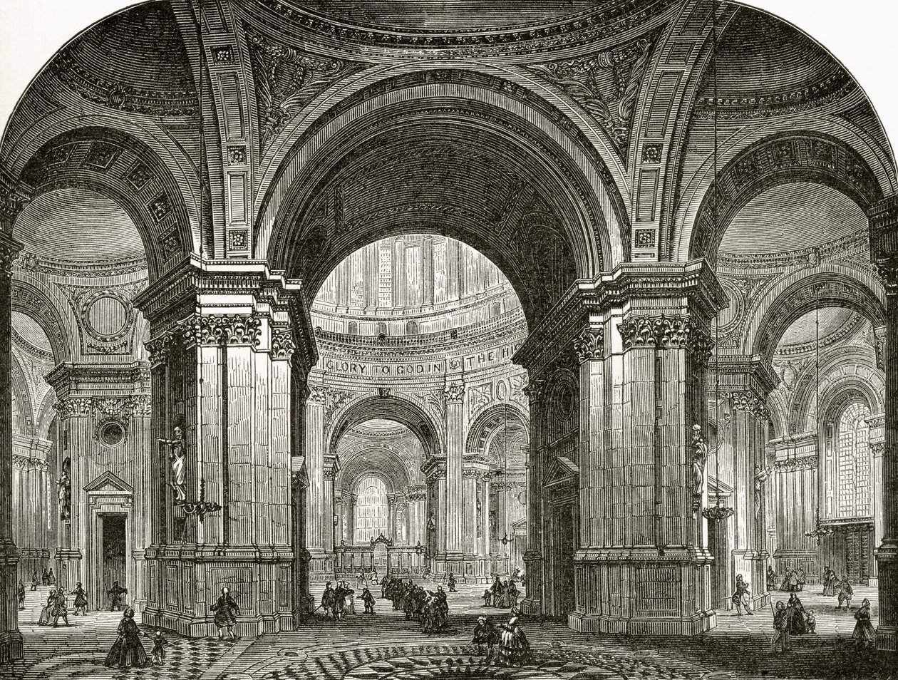 Wnętrze nawy katedry św. Pawła, patrząc na wschód, jak po pierwszym projekcie Wrena, z „London Pictures: Drawn with Pen and Pencil”, autorstwa ks. Richarda Lovetta, opublikowanej w 1890 r. ( autorstwa English School